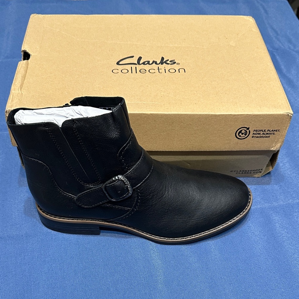 Clarks Black Leather Buckle Boots
